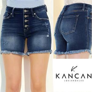 Kancan Frayed Hem Distressed Jean Shorts Exposed Button Stretch Denim Dark Wash